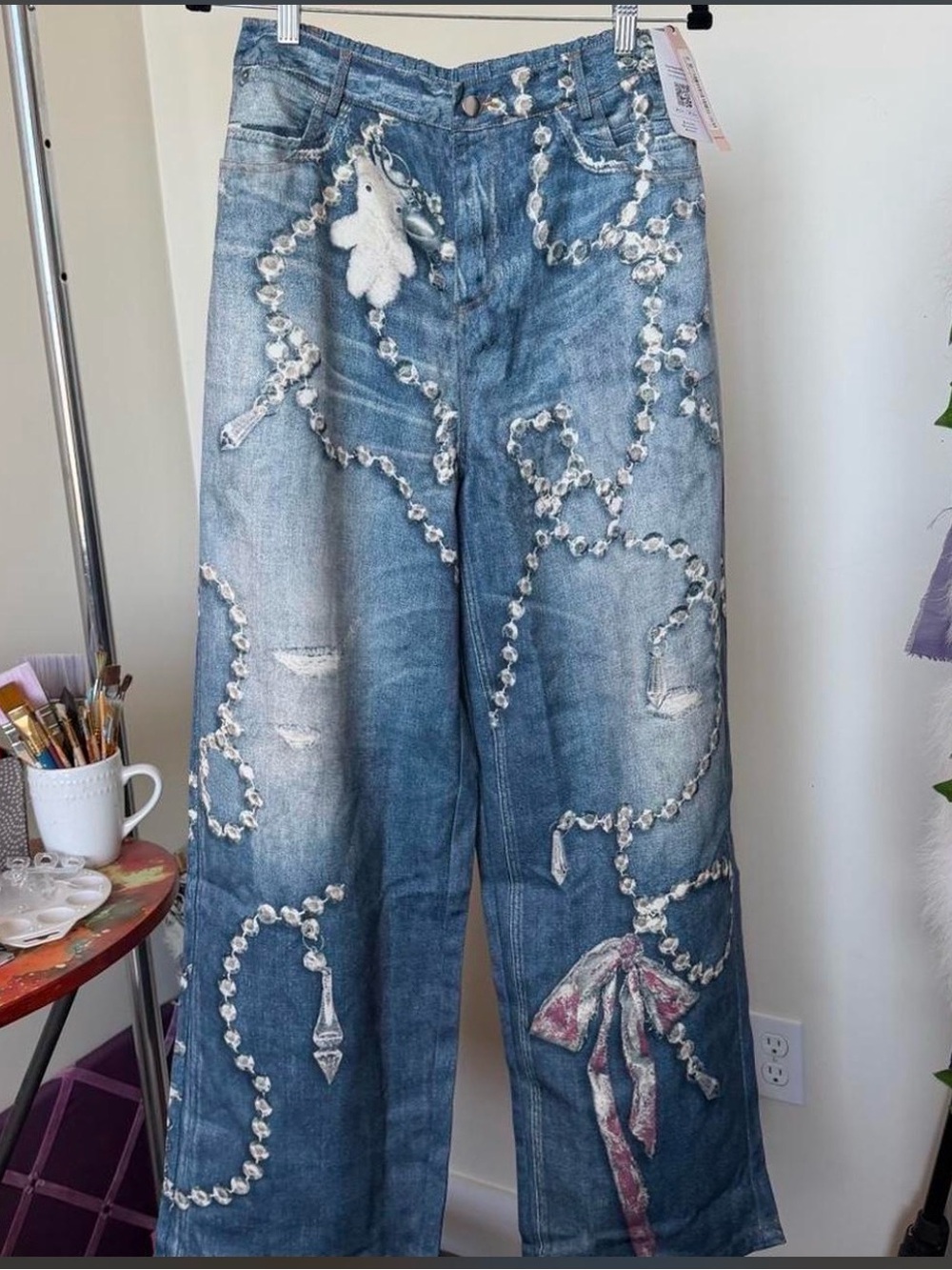 Embellished Wide-Leg Blue Denim Jeans with Crystal Chain Motif